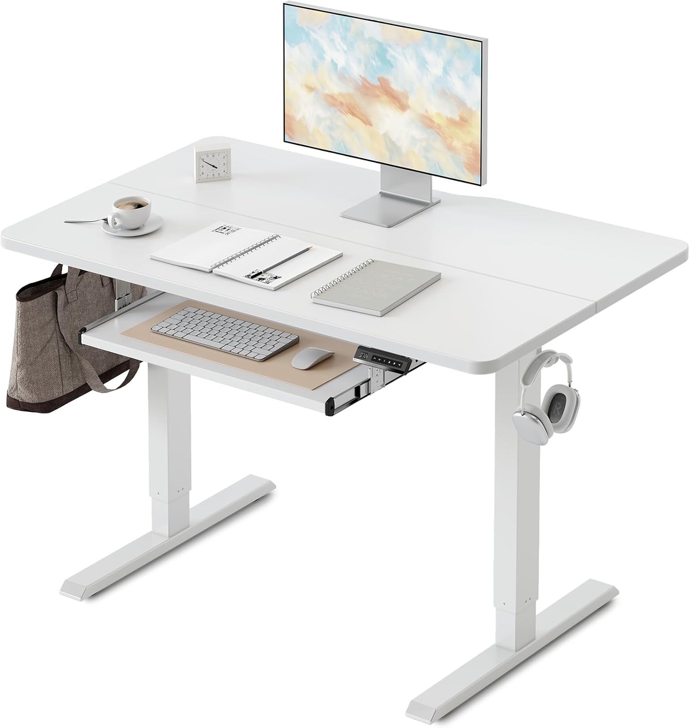 FEZIBO Standing Desk with Keyboard Tray, 40 x 24 Inch Adjustable Height Sit Stand Desk with Memory Presets for Home Office, Ergonomic Computer Workstation, White