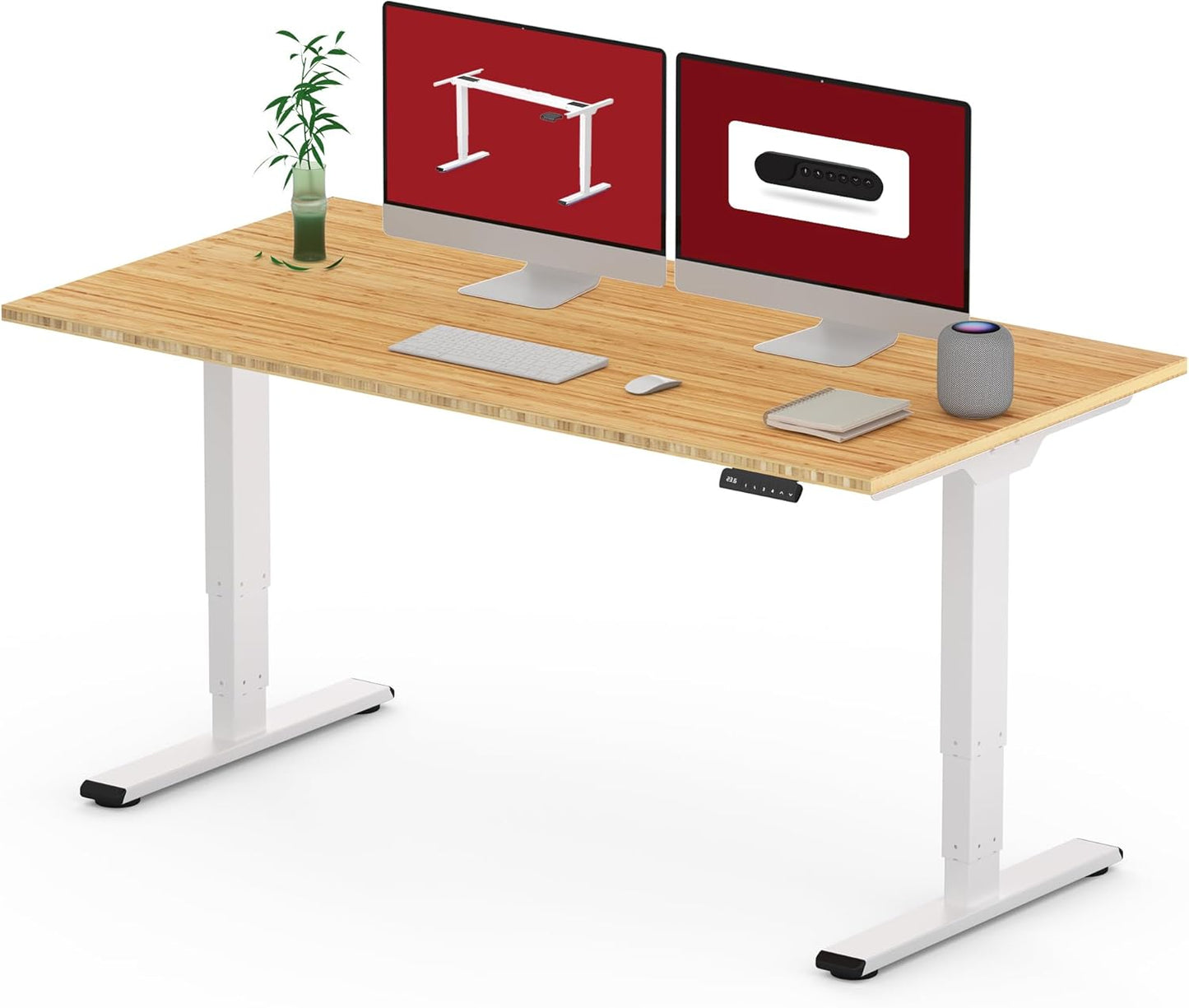 SANODESK 55 Inch 3 Stage Bamboo Electric Standing Desk, Dual Motor Height Adjustable Desk, Whole-Piece Desktop Sit to Stand Home Office Desk (White Frame/ 55” x 28” Natural Bamboo Top)