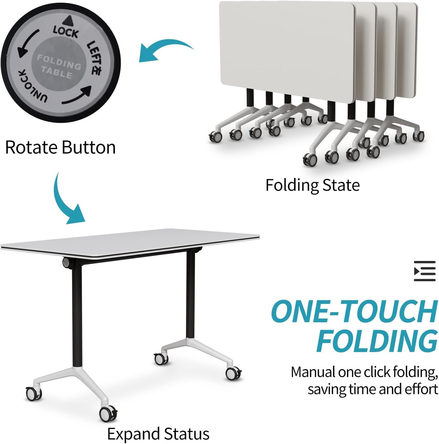 Folding Conference Table, Modern Conference Room Tables with Flip-Top Design, Foldable Conference Table Meeting Table with Wheels, Mobile Seminar Training Tables for Office Classroom (6, White 2)