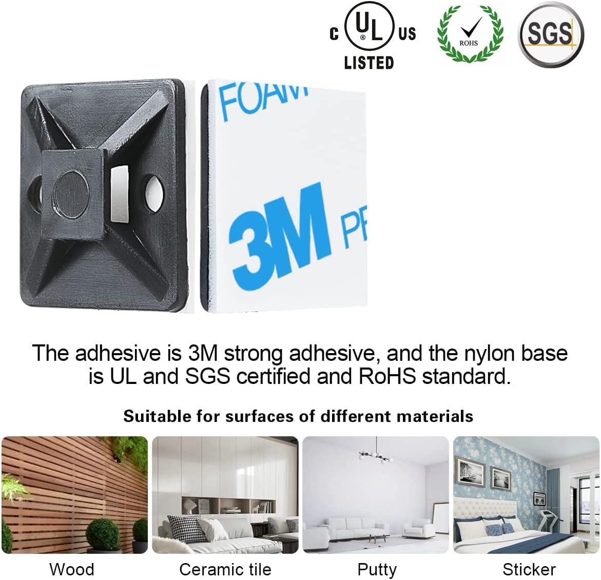 XHF 3/4" Strong Back-Glue Self Adhesive Black Cable Zip Tie Mounts 100pcs with 8" Zip Ties, Screws, UV Protection Outdoor Sticky Wire Fasteners Cable Clips Management Anchors Organizer Holders Squares