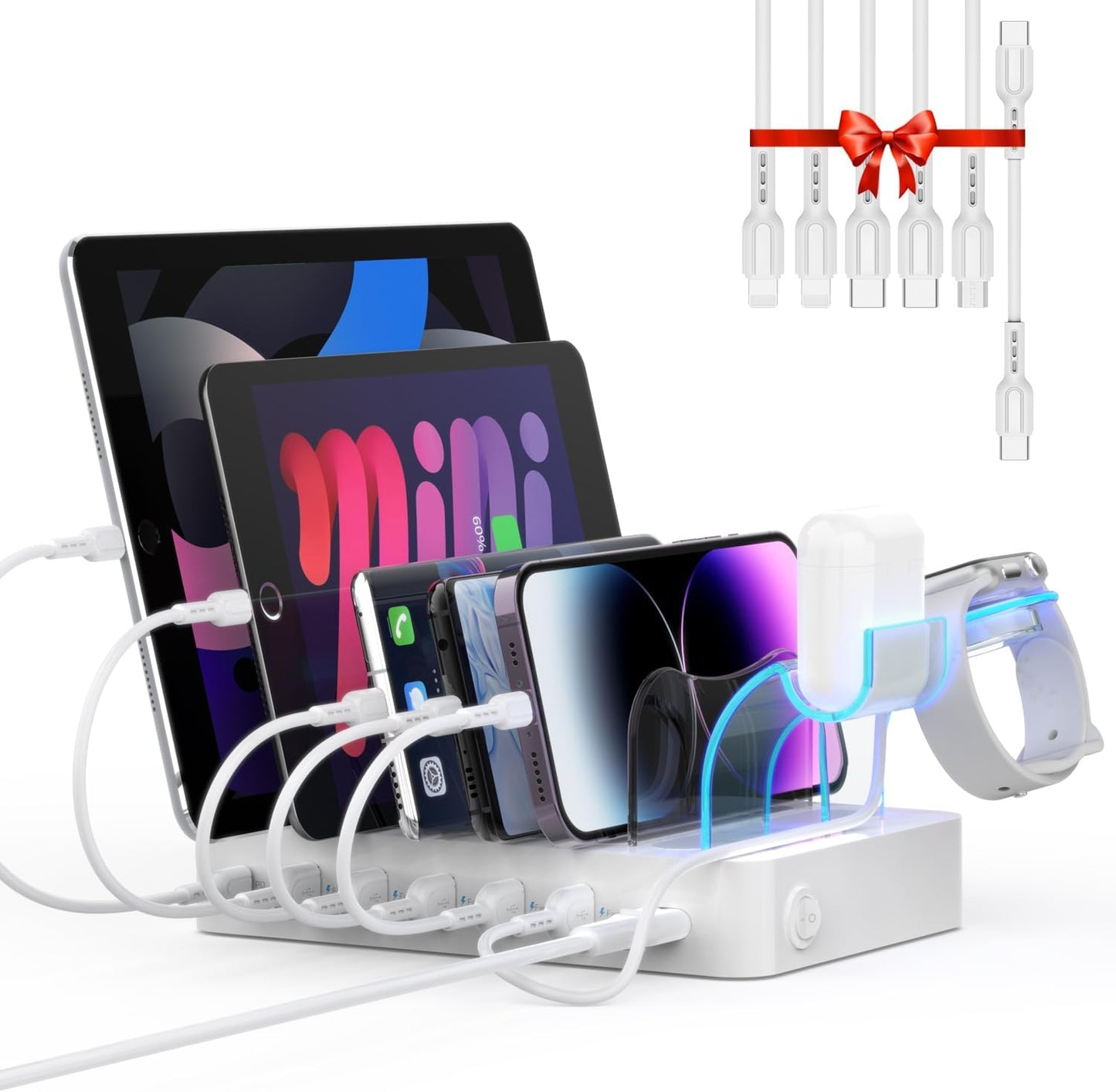SooPii 60W 6-Port Charging Station for Multiple Devices, PD 20W USB C Fast Charging for lPhone 14/13/12,6 Short Cables Included, 2 in 1 Holder,for Phones,Tablets and Others,White