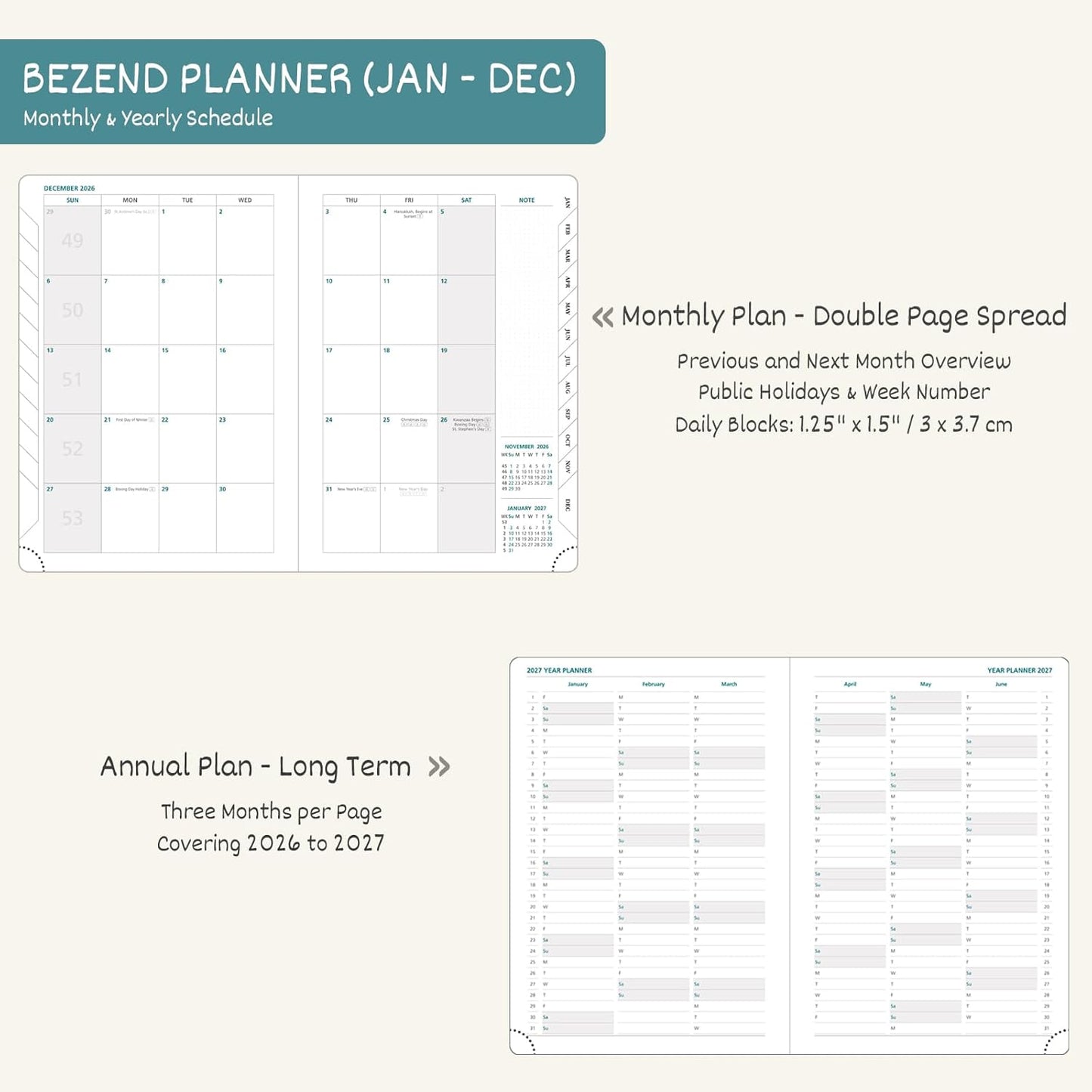 BEZEND 2026 Planner Weekly and Monthly (6" x 8.5") Daily Calendar with Half-Hourly Timeslots & Tabs (Jan-Dec) Note & Expenses, Pen Holder, Inner Pocket, Vegan Leather Hardcover - Mint Green