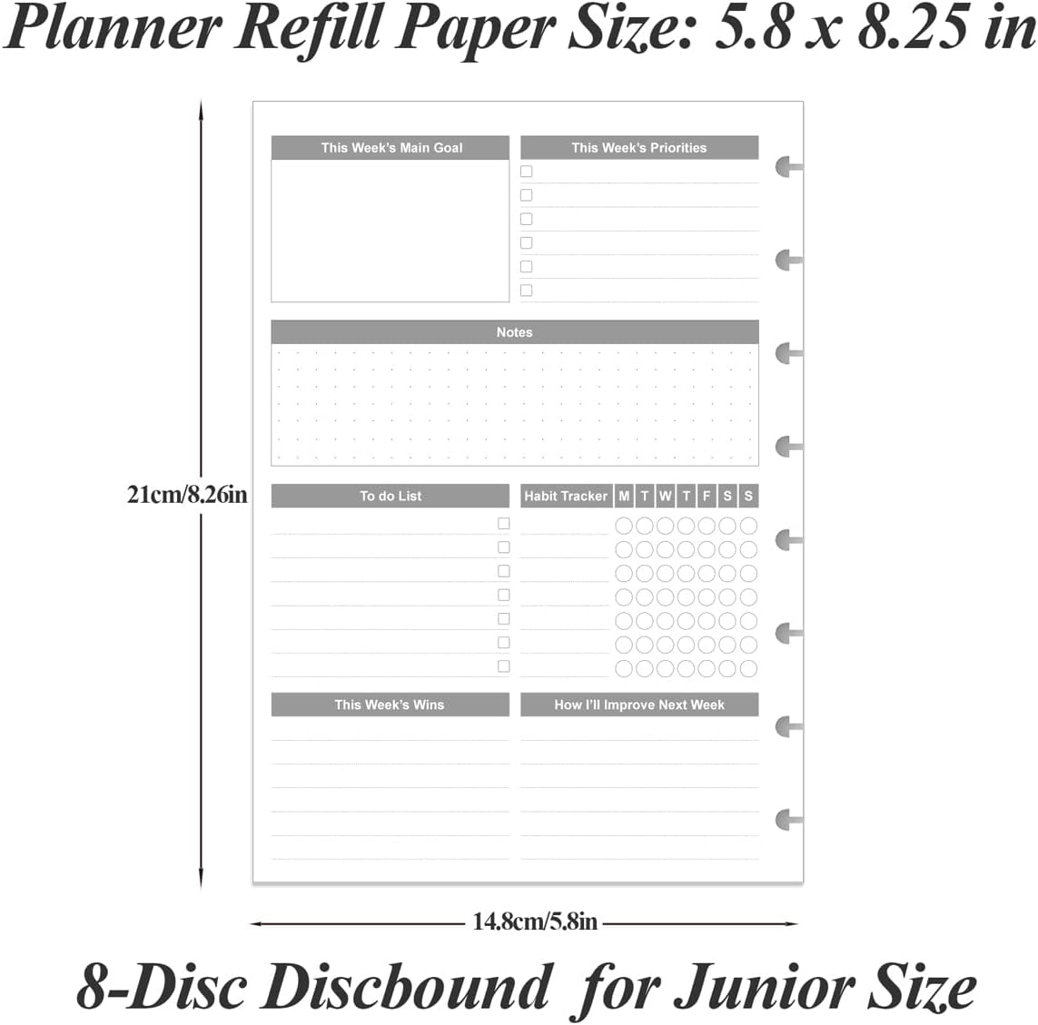 Weekly Planner Undated Refills - Junior Size 53 Sheets/106 Pages Weekly Planner for 8-Disc Discbound, 100 gsm White Paper, Lasts 1 Year, Undated, 5.8" x 8.3", Black