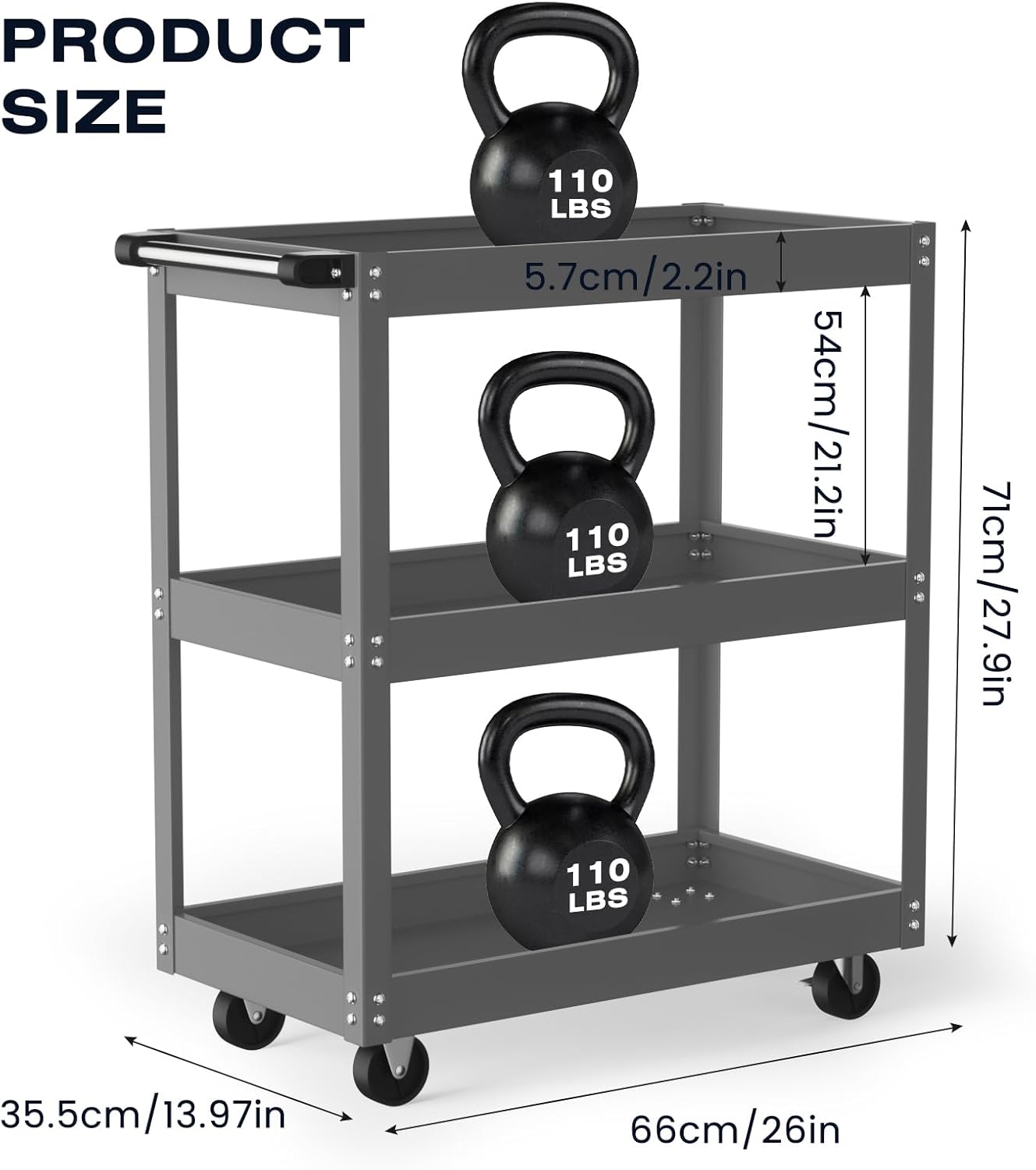 ALANNG 330 LBS Rolling Tool Cart, Heavy Duty Mechanic Cart, Metal Service Cart for Garage Workshop (Grey, 1 Pack)