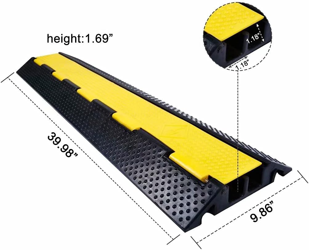 Rubber Cable Ramp Cord Cover Cable Protector Ramps Wire Hose Protective 2 Channel 22000Lbs Load Capacity Traffic Speed Bump for Asphalt Concrete Gravel Driveway Indoor Outdoor, 4 Pack
