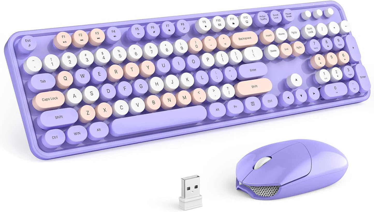 MOFII Wireless Keyboard and Mouse Combo,2.4GHz Retro Full-Size Keyboard with Number Pad and Cute Mouse for Computer PC Desktops Laptop WindowsxP/7/8/10 Purple Colorful