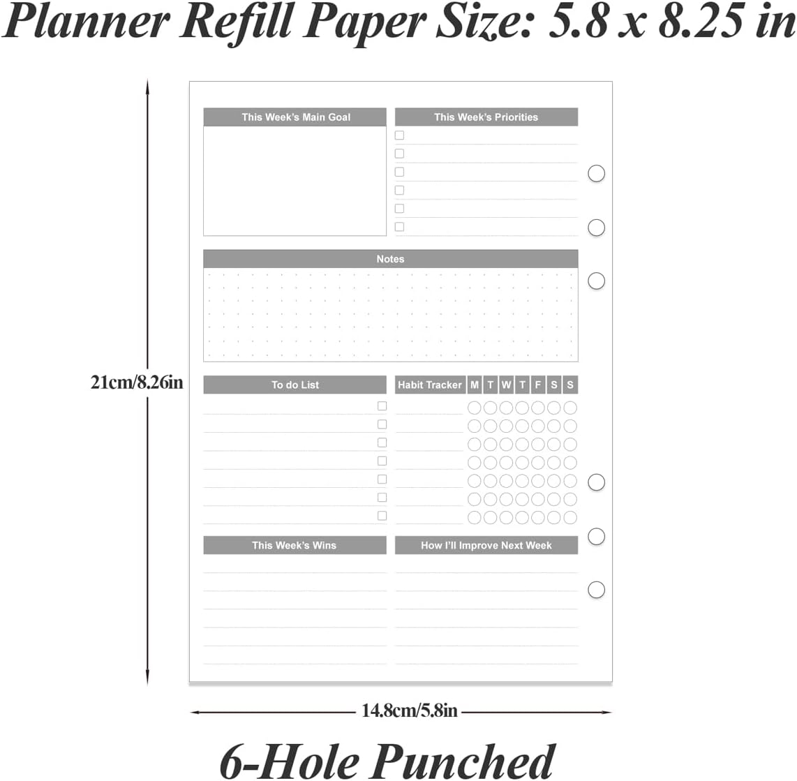 (2-Pack) Weekly Planner Refills for A5 Binders - 106 Sheets/212 Pages Undated Weekly Planner, 6-Hole Punched, 100 gsm White Paper, Lasts 1 Year, Undated, 5.8" x 8.3", Black