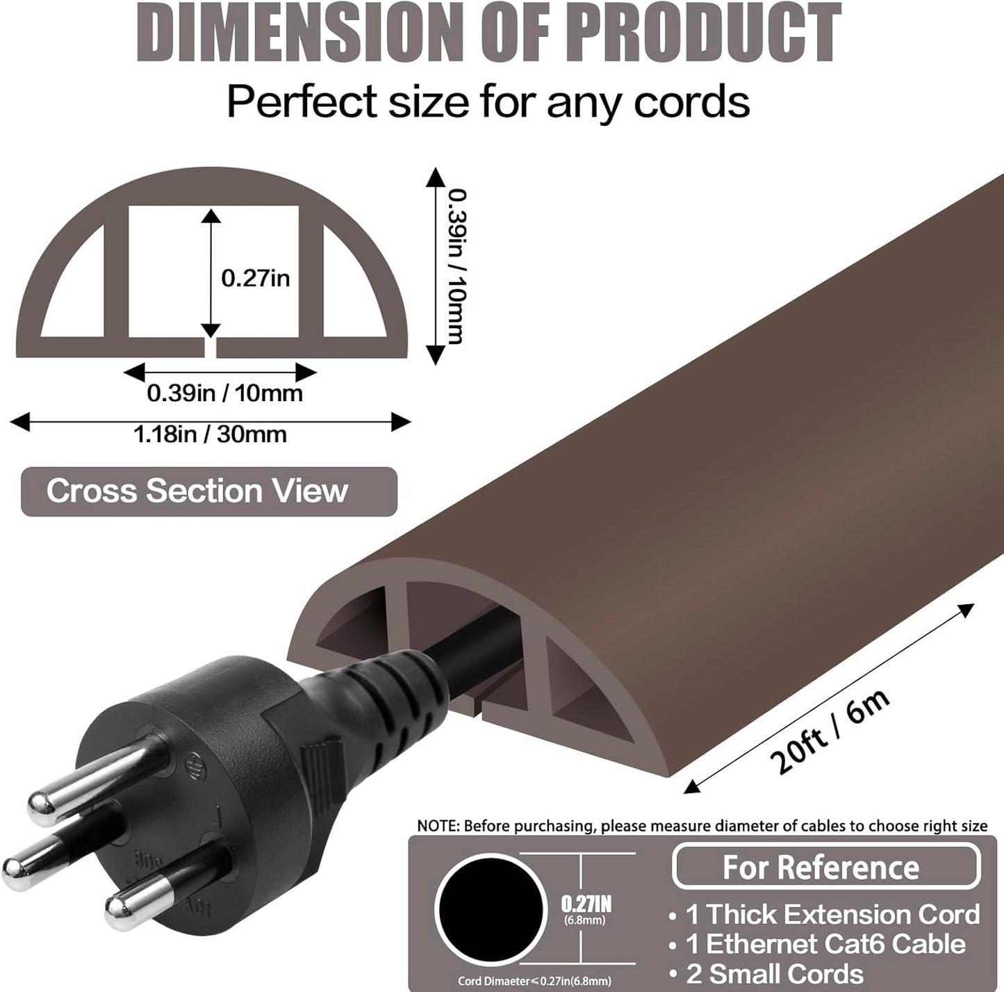 Floor Cord Cover Cable Cavity Self Adhesive Cord Hider Floor 10FT Floor Cable Management Power Cord Protector Floor Electric Cord Covers for Offices, Gym, Exhibitions (CoffeeBrown, 1.18" x 20')
