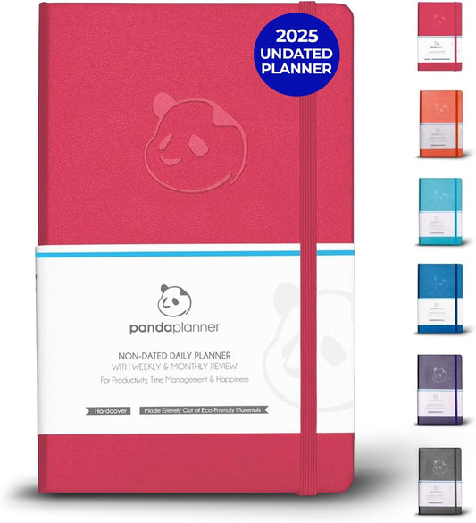 Panda Planner Classic Daily Planner 2025-2026 – Undated Productivity Planner & Hourly Schedule Notebook – Day Planner for Focus, Goals & Organization – Raspberry