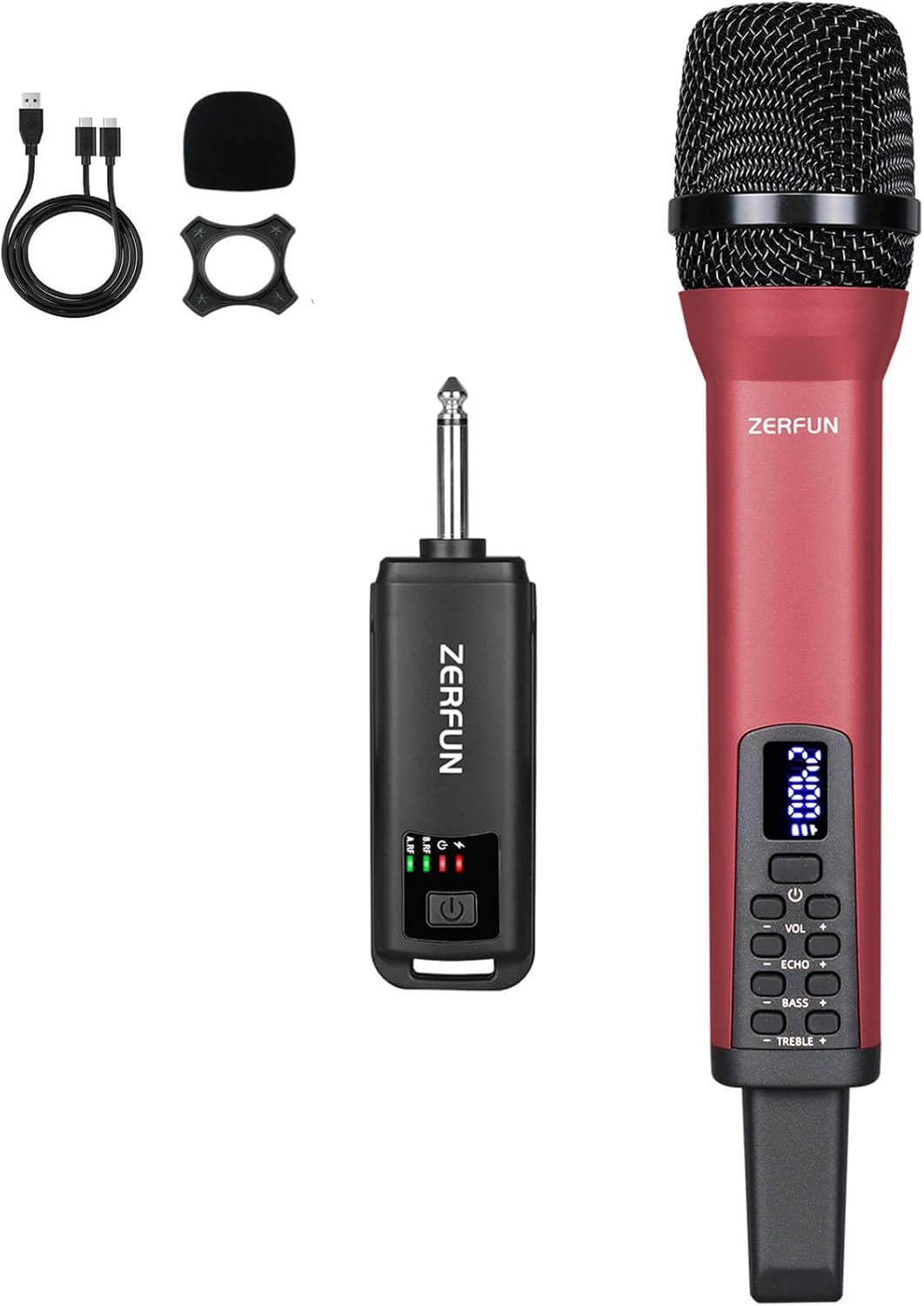 Rechargeable Wireless Microphone, Pro Handheld Cordless Mics System Dynamic with Echo Treble BASS VOL Control for Karaoke Singing Church Party, 1/4'' Output, D240, Red