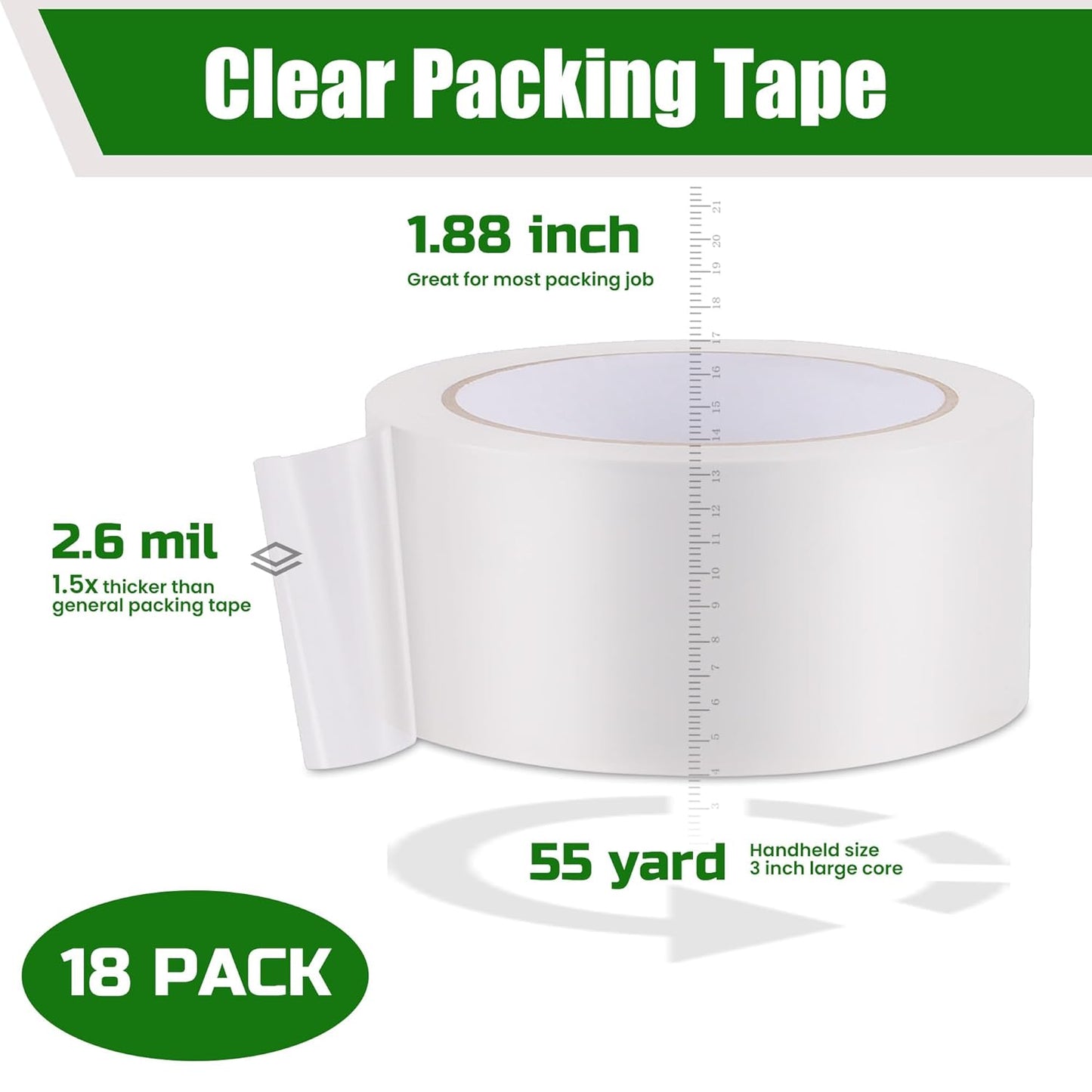Lichamp Clear Packing Tape, 18 Rolls Heavy Duty Packaging Tape Refill for Moving Boxes, Mail Shipping Supplies, 1.88 inch x 55 Yard x 2.6 mil, A218TP
