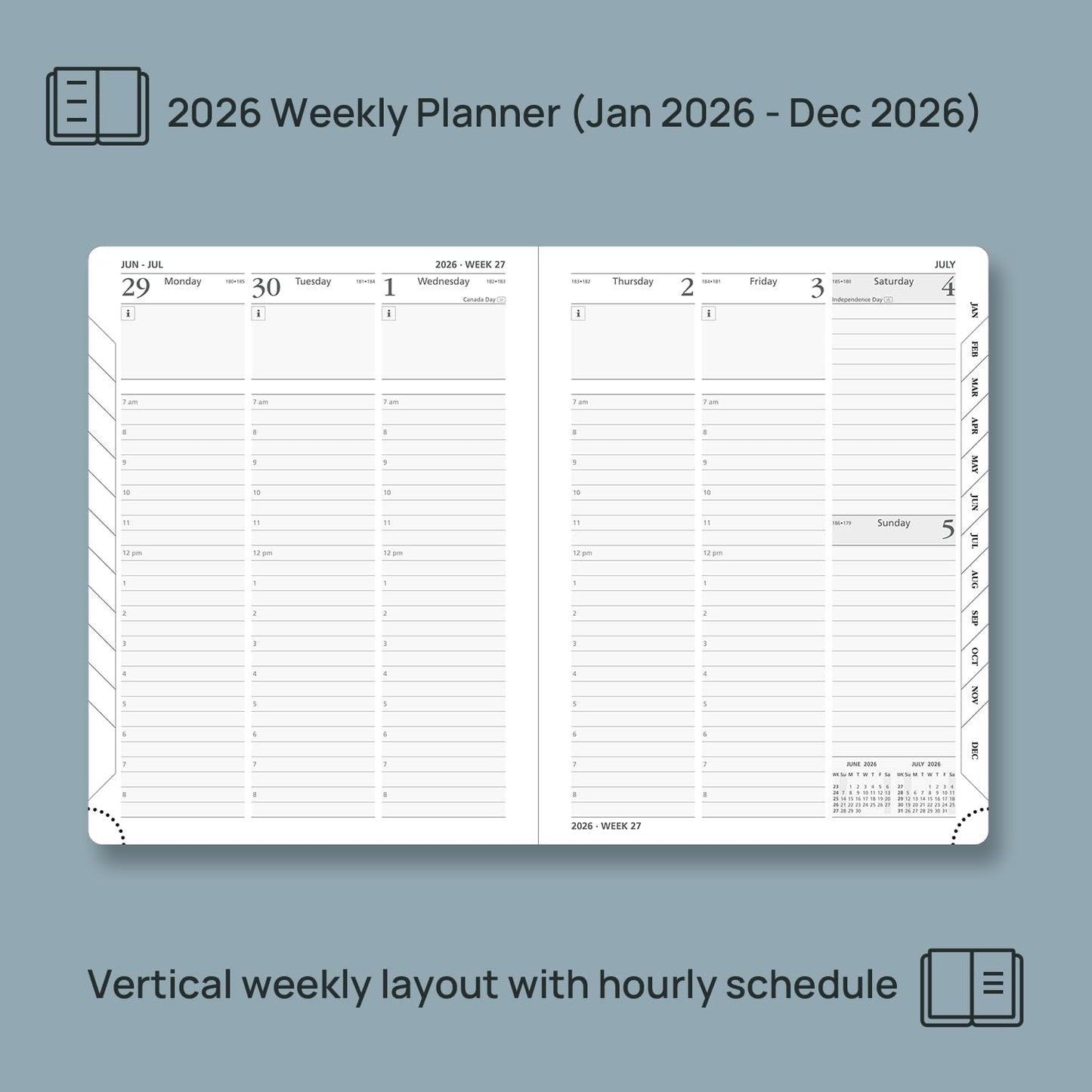 POPRUN 2026 Planner (Medium Size 8.5''x 6.5'' Hardcover) - Daily Weekly and Monthly Calendar Agenda 2026 Appointment Book with Hourly Time Slots, Monthly Tabs, 100 GSM - Light Yellow