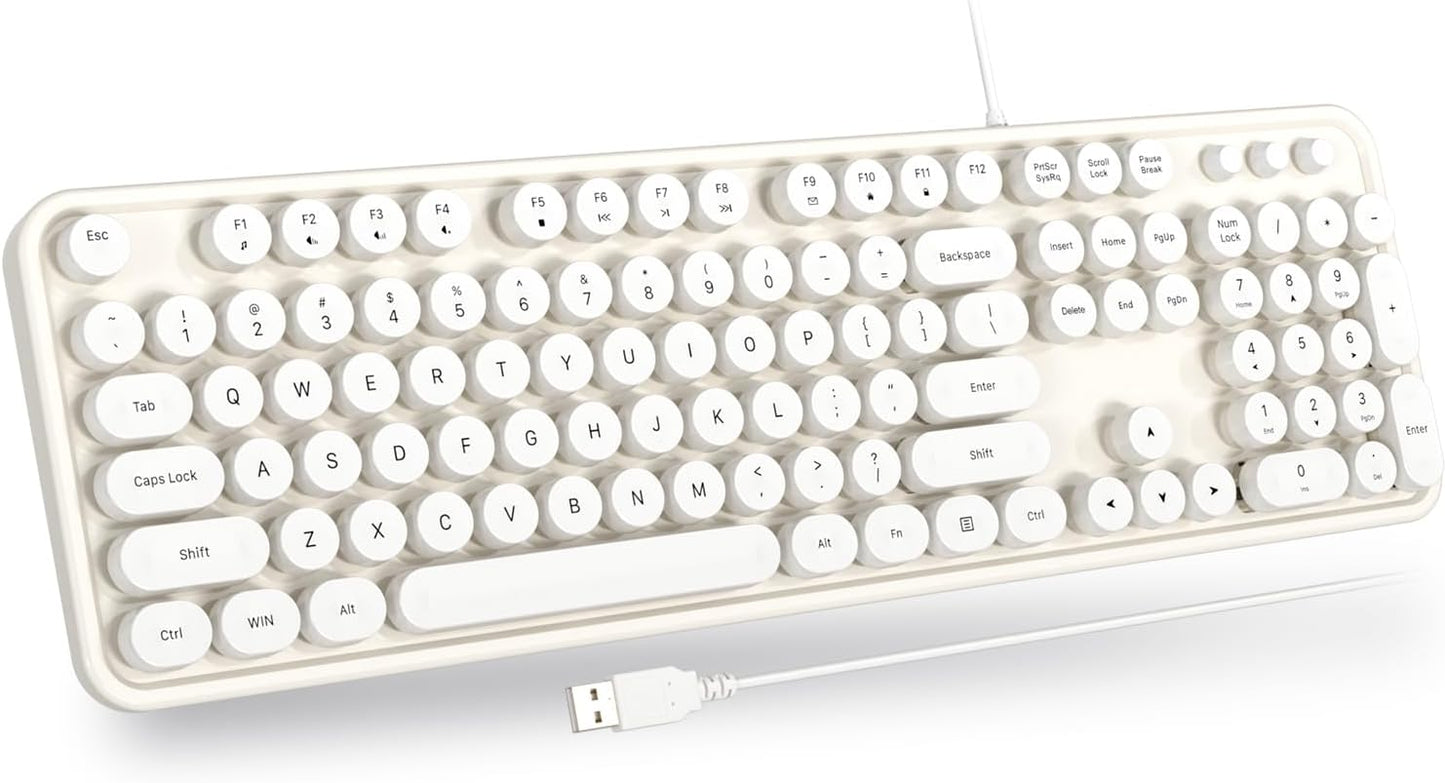 USB Wired Computer Keyboard - Retro Typewriter Keyboard - Full Size Keyboard with Number Pad for PC Laptop Desktop Windows (Creamy White)