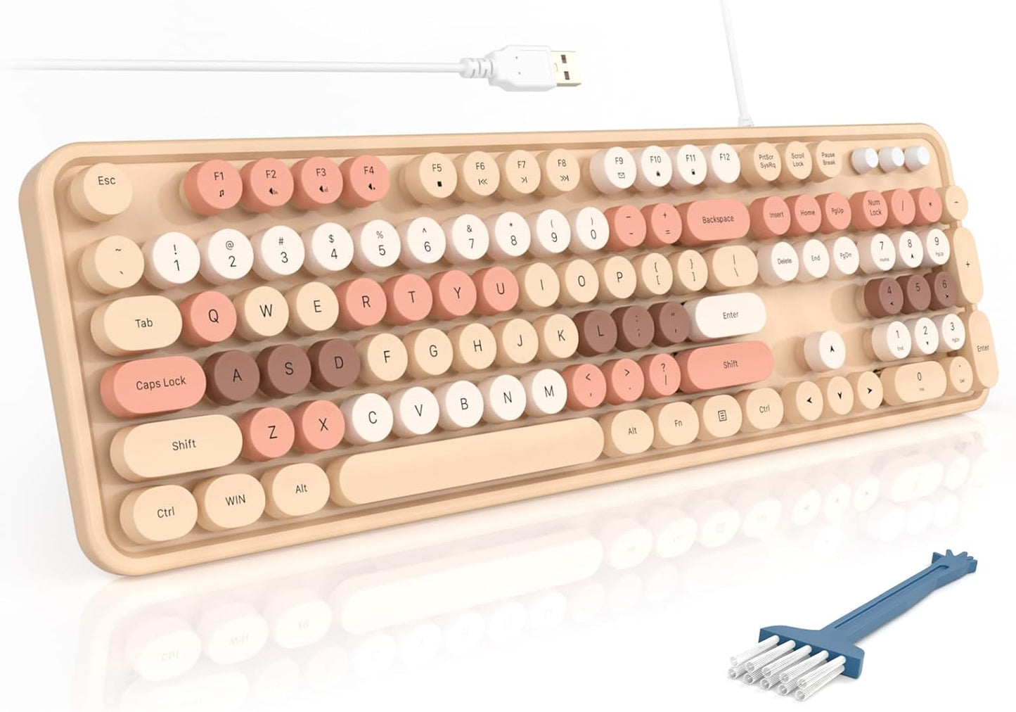 MOFII Wired Keyboard, Full Size USB Keyboard Plug Play, Colorful Retro Round Typewriter Keyboard with Foldable Stands for Windows PC Laptop (Milk Tea Colorful)