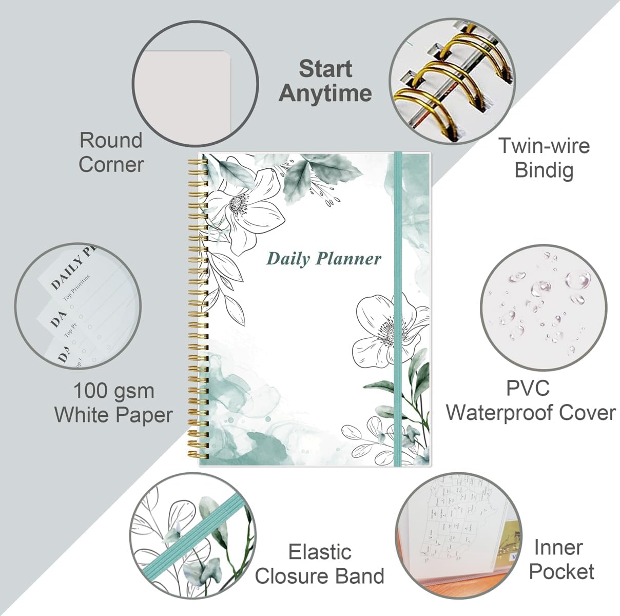 Daily Planner Undated - B5 To Do List Notebook Hourly Schedules, Spiral Appointment Planner for Women and Men, PVC Hardcover, Inner Pocket, Elastic Closure, 7" x 10", Teal Flowers