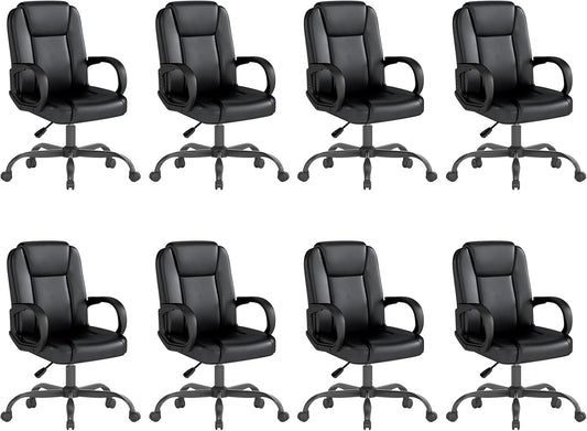 ZZH Executive Office Chair, Leather Desk Computer Chair with Armrests, Mid-Back Swivel Adjustable for Home Office, 8PC, Black
