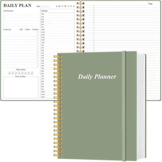 Daily Planner Undated - A4 To Do List Notebook Hourly Schedules, Spiral Appointment Planner for Women and Men,PVC Hardcover, Inner Pocket, Elastic Closure, 8.5" x 11", Green