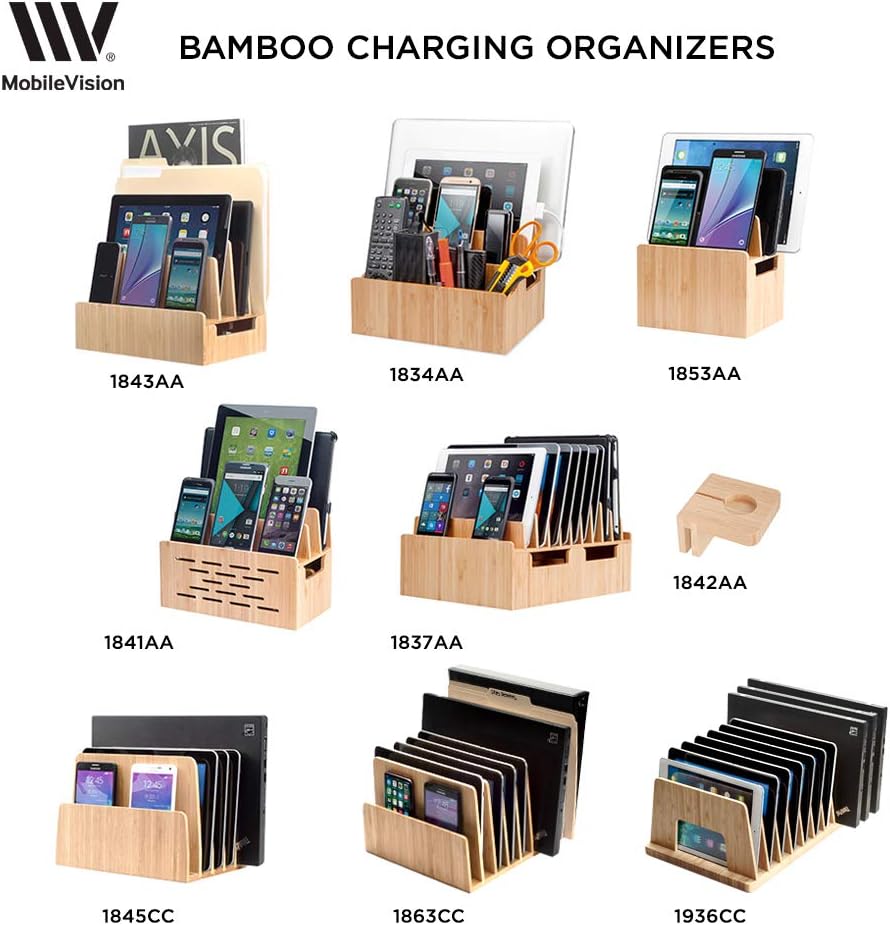 Bamboo Universal Multi Device Cord Organizer Stand and Charging Station for Smartphones, Tablets, and Laptops Includes 6-USB Port Hub Charger with Power Supply