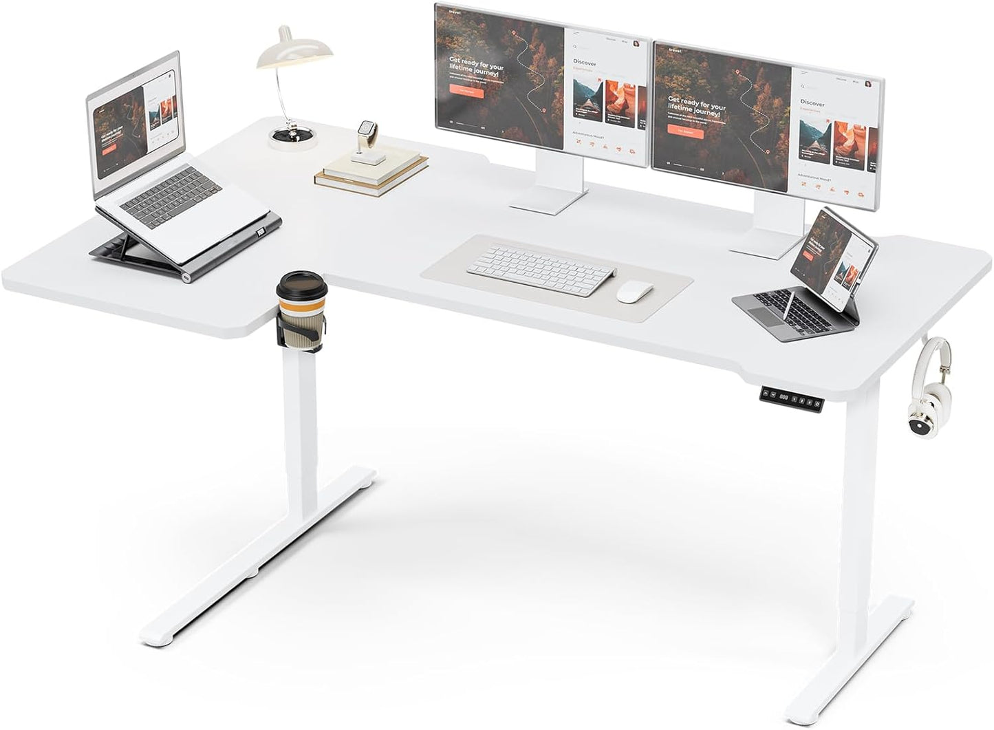 71" Reversible L-Shaped Electric Standing Desk Adjustable Height Gaming Stand Up Corner Desk Sit Stand Home Office Computer Desk with Splice Board, White