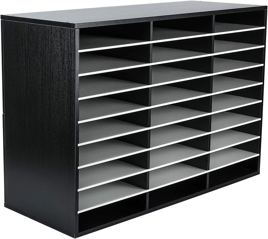 EasyPAG Mail Organizer Countertop, Wood Literature Organizer with Adjustable Shelves, Student Classroom Mailbox for School, Desktop Paper Sorter for Office Home, 27 Compartments, Black/White