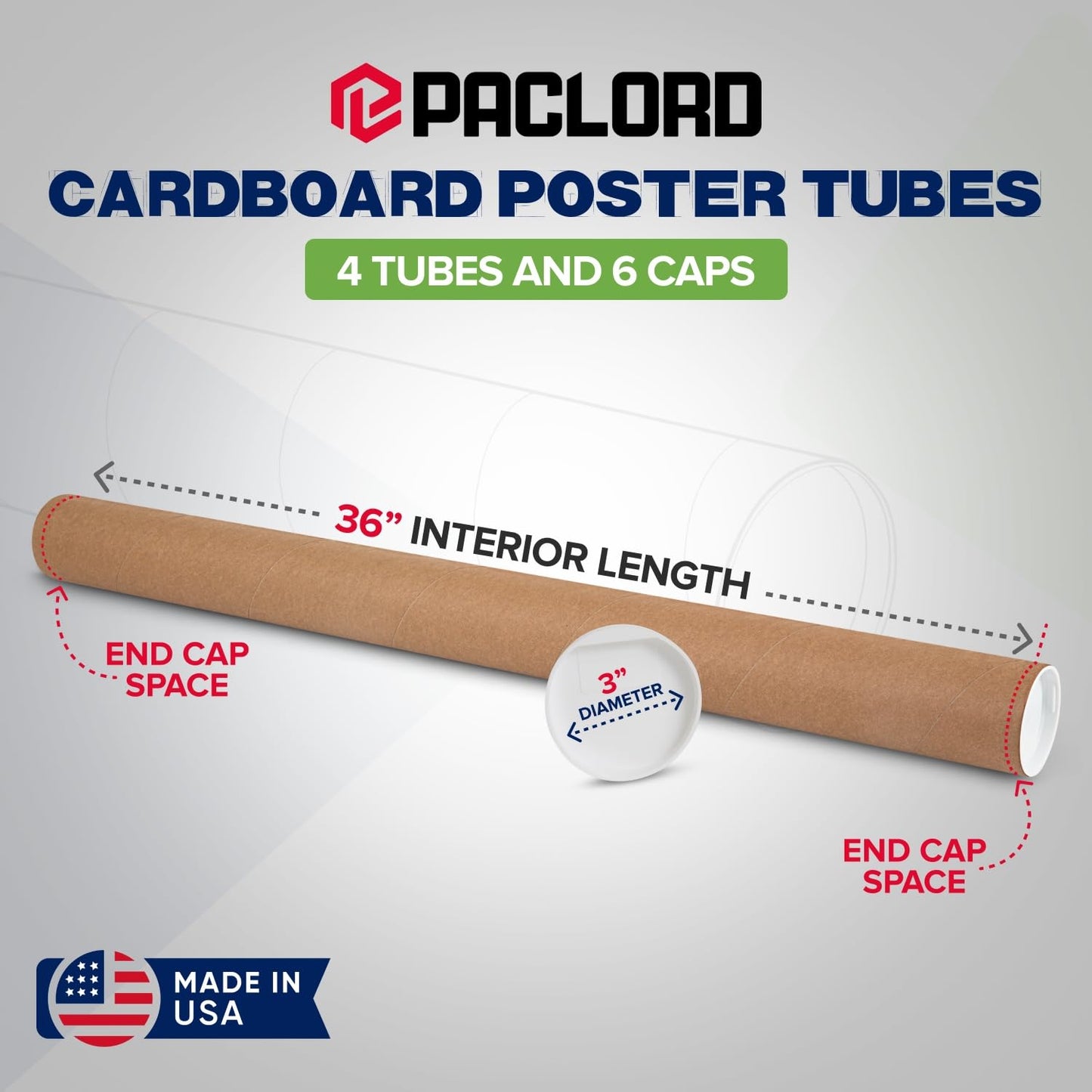 3" x 36" Reinforced Kraft Paper Mailing Tubes, Pack of 4 Tubes with 2 Caps Each – USPS Approved Poster Tube – Made in USA Cardboard Tube for Shipping and Storing Posters, Prints, Artwork, or Documents