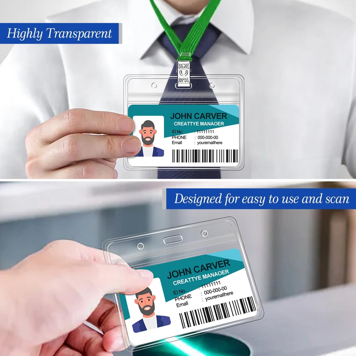 100 Pcs Clear Horizontal Badge ID Card and 100 Pcs Lanyard, Reusable Lanyards for Id Badge Holder Name Tag Badge Holder with Lanyards for Adults Kids Business School Conferences (Green)