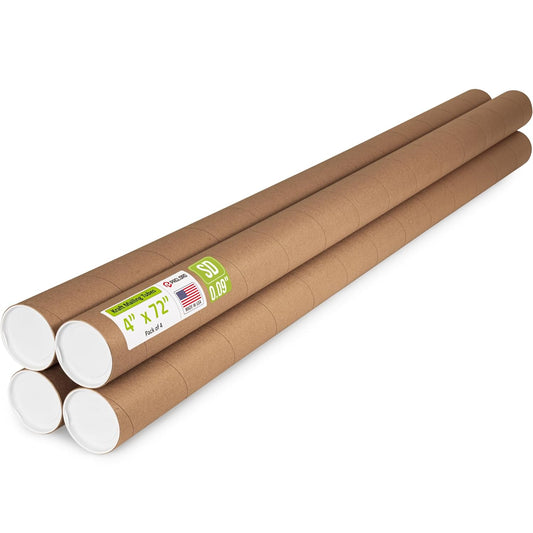 4" x 72" Reinforced Kraft Paper Mailing Tube, Pack of 4 Tubes with 8 Caps – Secure USPS Approved Poster Tube – Cardboard Tube for Shipping and Storing Posters, Prints, Artwork, or Documents