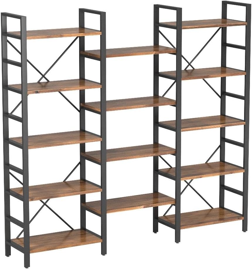 Tribesigns Triple Wide 5-Shelf Bookcase, Etagere Large Open Bookshelf Vintage Industrial Style Shelves Wood and Metal bookcases Furniture for Home & Office, 70 inch