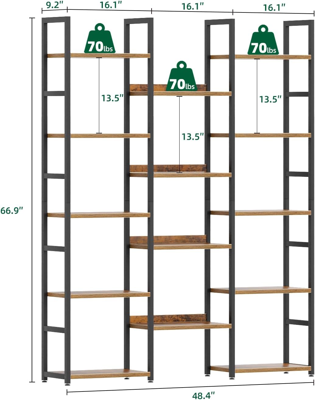 OTK Triple Column 5 Tier Bookshelf, Large Bookcase with 14 Open Display Shelves, Adjustable Industrial Book Shelf with Baffles, Wide Bookshelves for Bedroom, Living Room and Home Office, Rustic Brown