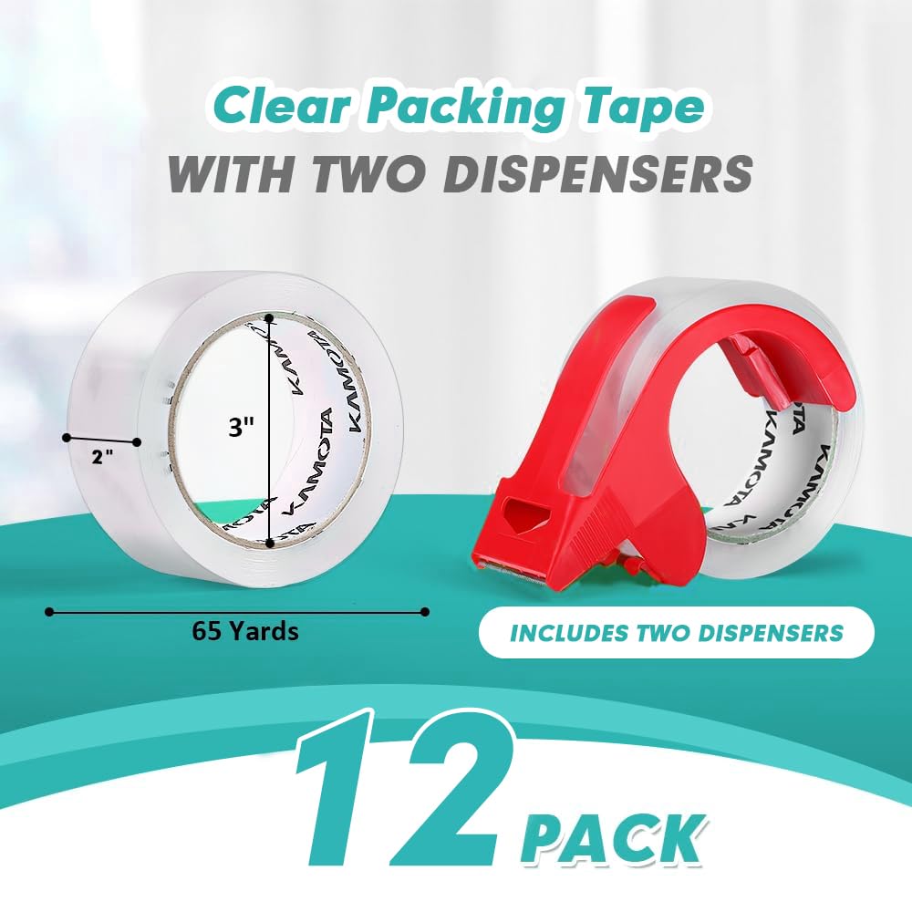 KAMOTA Packing Tape, 12 Rolls Heavy Duty Clear Packaging Tape for Shipping Packaging Moving Sealing, 2 inches Wide, 65 Yards Per Roll, Total 780 Yards with 2 Dispensers