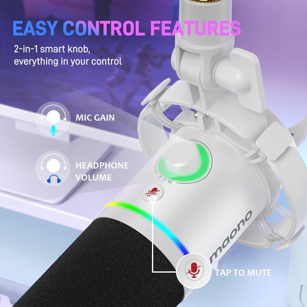 MAONO XLR/USB Dynamic Microphone, RGB Gaming Mic with Software, Mute, Gain Knob, Volume Control and Headphone Jack for Streaming, Podcasting, Recording-PD200X (White)