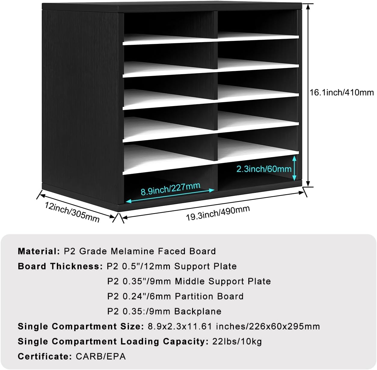 PAG Countertop Mail Sorter Organizer, Wooden Literature Organizer, Student Mailbox for Classroom, Desktop Bill Organizer for Office Home School, 12 Compartments, Black&White