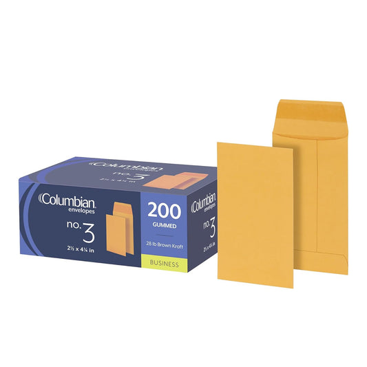Columbian #3 Coin and Small Parts Envelopes Gummed, for Home, Office, Garden, 24 lb Brown Kraft, 2.5 x 4.25 Inches, 200 Per Box (1009564)