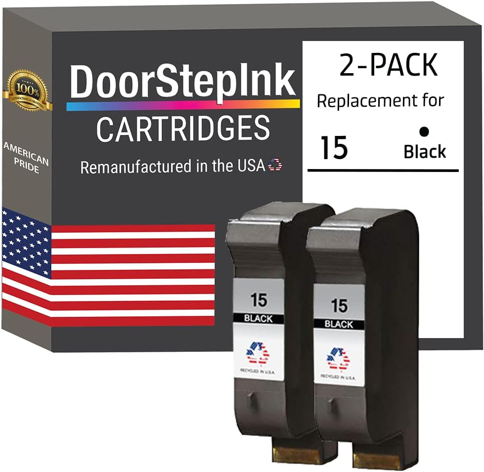 DoorStepInk Remanufactured Ink Cartridges for HP 15 C6615DN Black 2 Pack – Compatible with HP DeskJet 810C, 812C, 825C, 825cvr, Officejet 5110, V40, 5110xi, PSC 500, 950, 750, High Yield USA Made