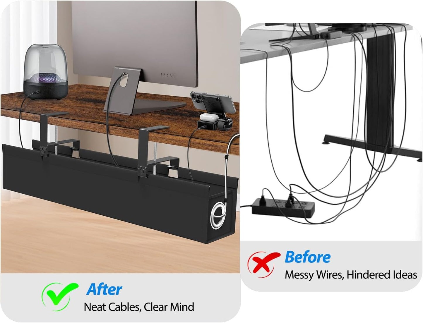 Under Desk Cable Management Tray, Premium Oxford Fabric Desk Cable Organizer with No-Drill Installation, Large Capacity Clamp/Screw Mount Wire Management Tray for Home Office Study