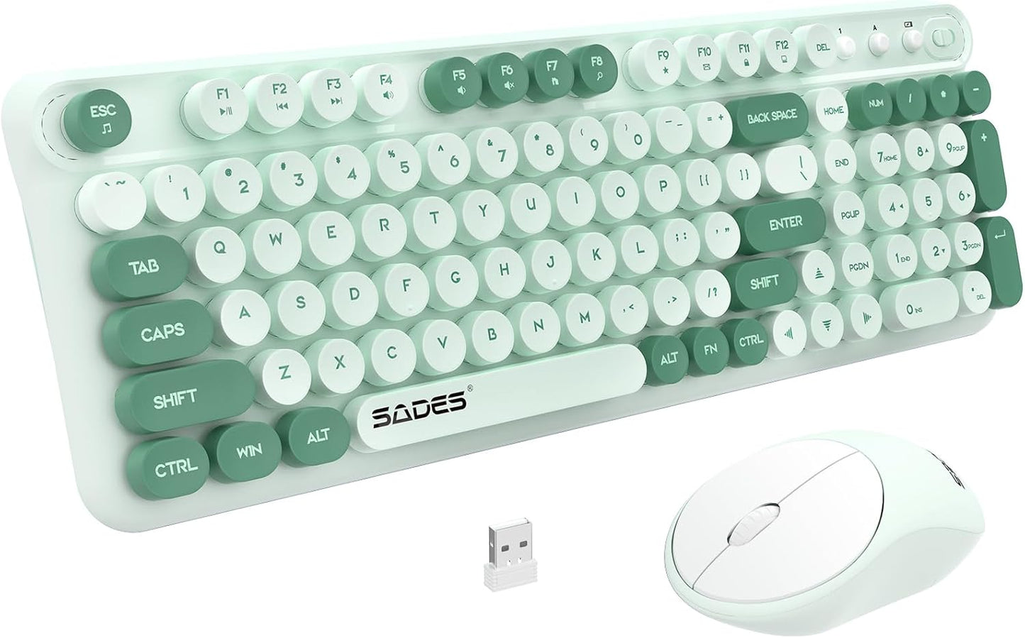 Wireless Keyboard and Mouse,Retro Typewrite Keyboard and Mouse Combo with Round Keypads,2.4G Cute Full Size Keyboard and Mouse Wireless, Home Office Keyboard for Computer Laptop Windows, Mint Green