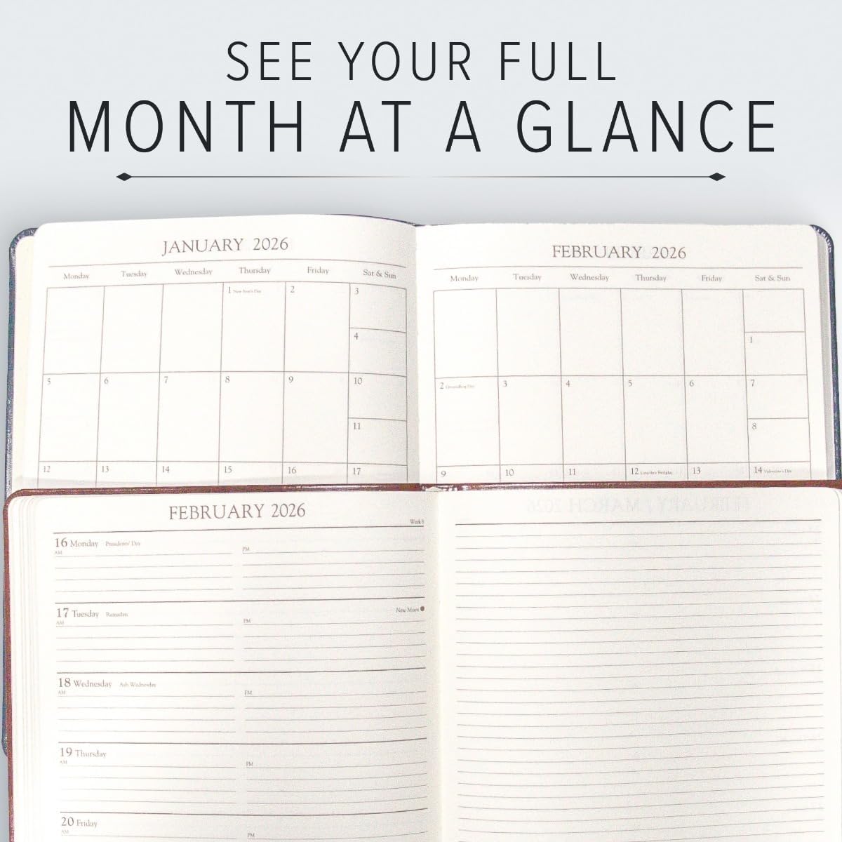 Gallery Leather Academic Planner 2025-2026, Teacher and Student Weekly Monthly Planner, Elegantly Bound Calendar with Gold-Gilded Page Edges, 18 Months - Acadia Tan - 9x7"