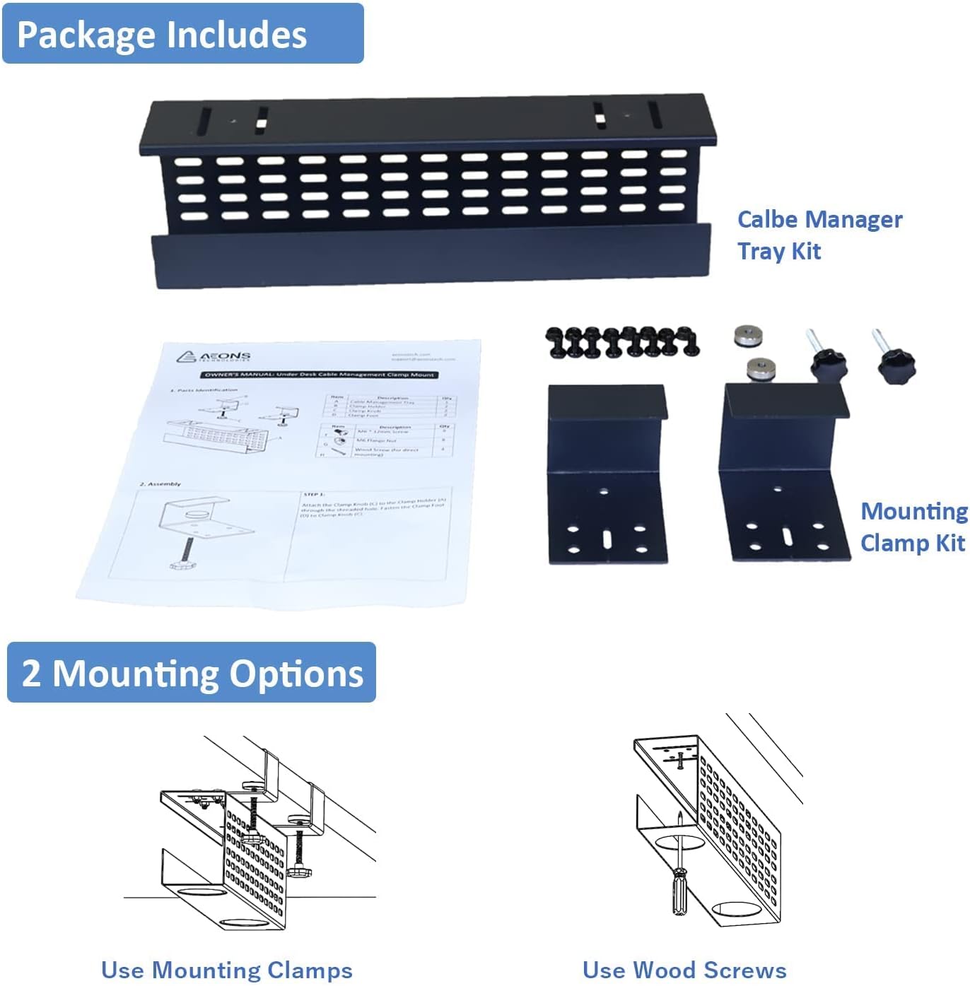 AEONS Under Desk Cable Management Tray Black Horizontal 16-inch Under Desk Removable C Clamp Mount Computer Cord Raceway and Modesty Panel