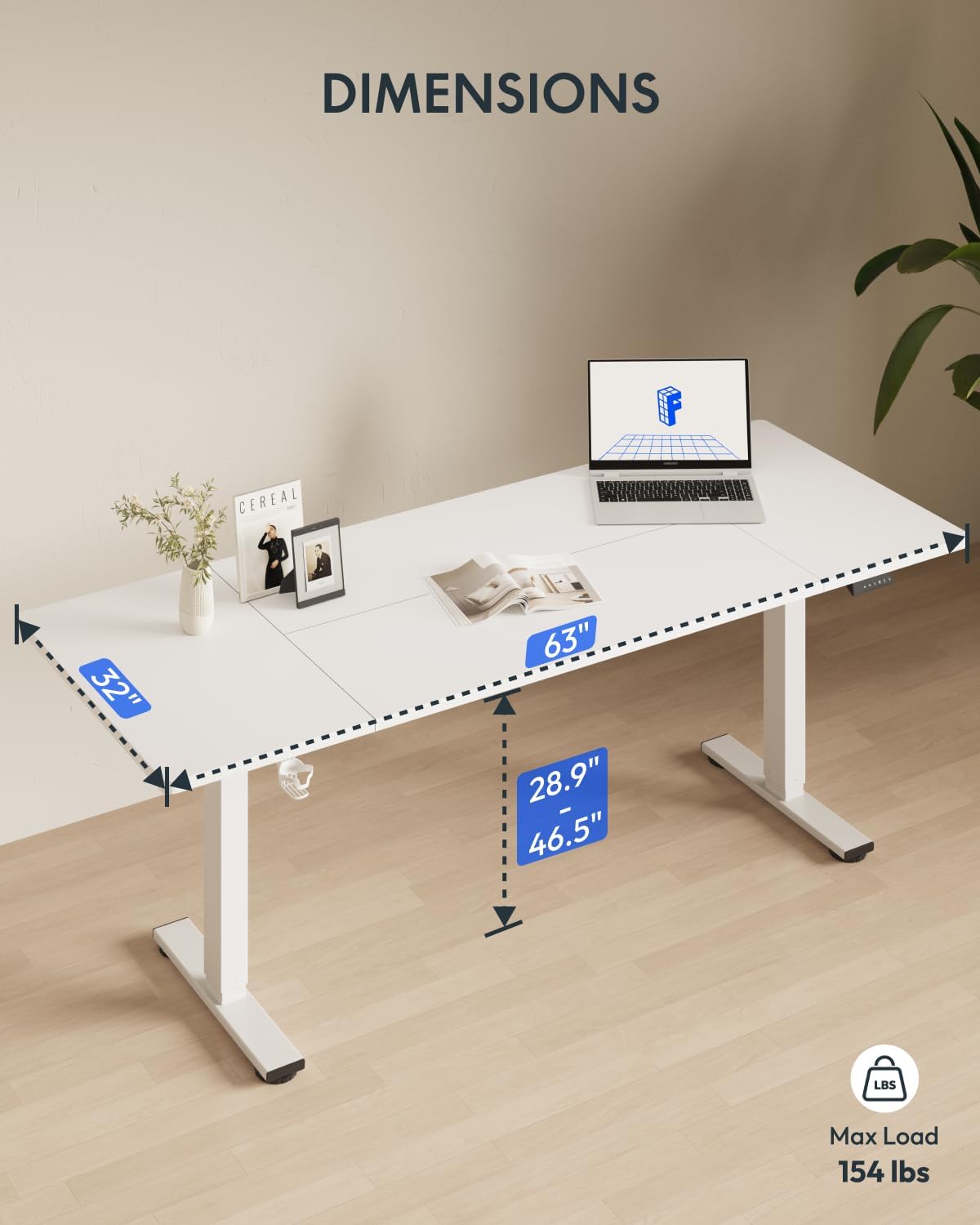 FLEXISPOT 63 x 32 Inch Large Standing Desk, Stand Up Desk with Splice Board, Rising Desks for Home Office, Office Desk with Cup Holder and Headphone Hook (White Frame + White Top, 2 Packages)