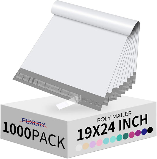 Fuxury 1000 Pack Poly Mailers 19x24 Inch, Bulk Shipping Bags for Clothing, Strong Adhesive Shipping Envelopes for Small Business Suppliers,Waterproof Mailers Poly Bags Mailing Envelopes White