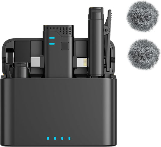 2 in 1 Professional Wireless Lavalier Microphone for iPhone iPad Android with Charging Case Noise Cancellation Plug-Play Clip on Lapel Mic for YouTube, Recording, Facebook Live Streaming