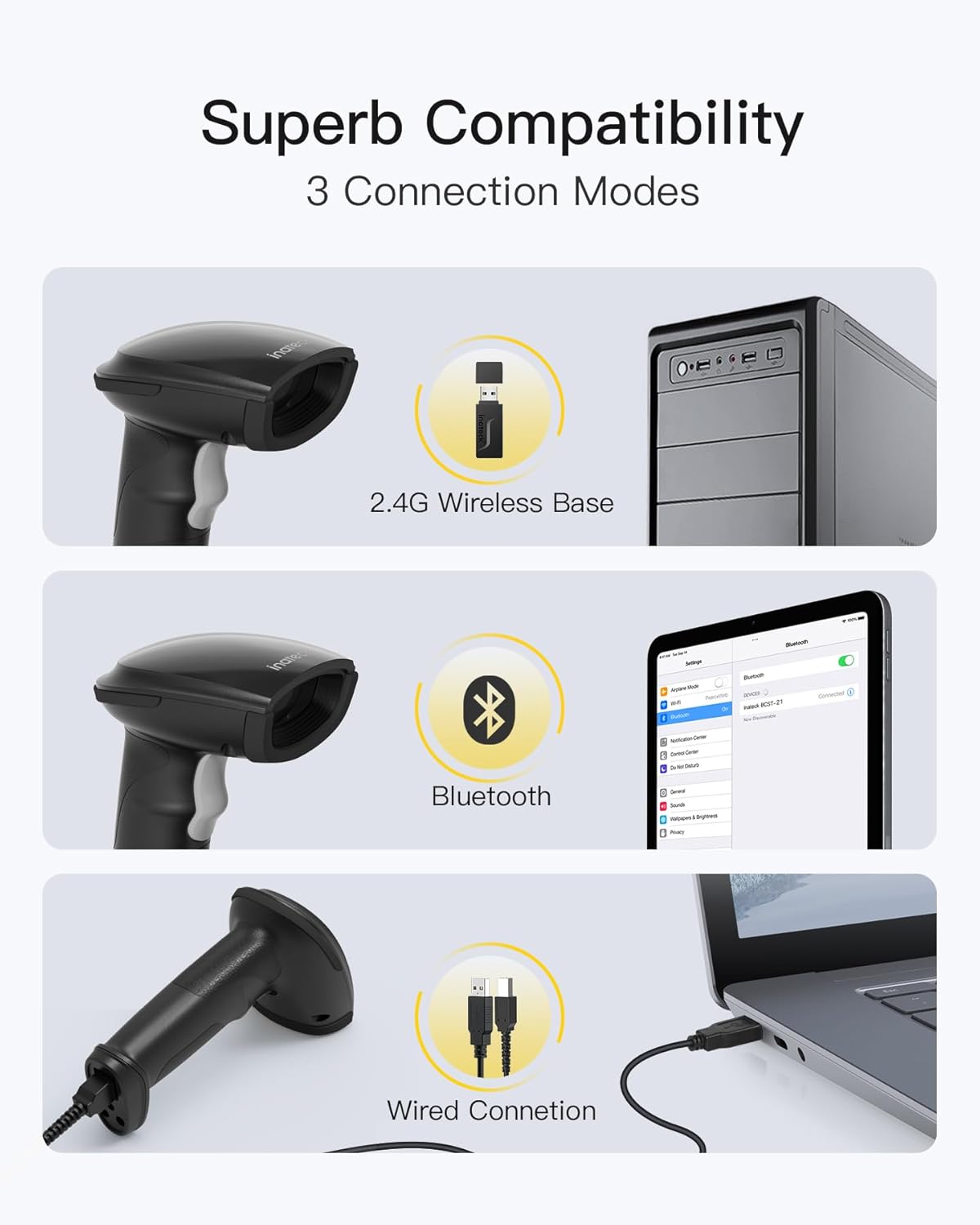 Inateck 2D Barcode Scanner, Wireless Bluetooth QR Barcode Scanner, Handheld Scanner with APP and SDK, 1 Charge for 3 Months, BCST-23 Dark Gray