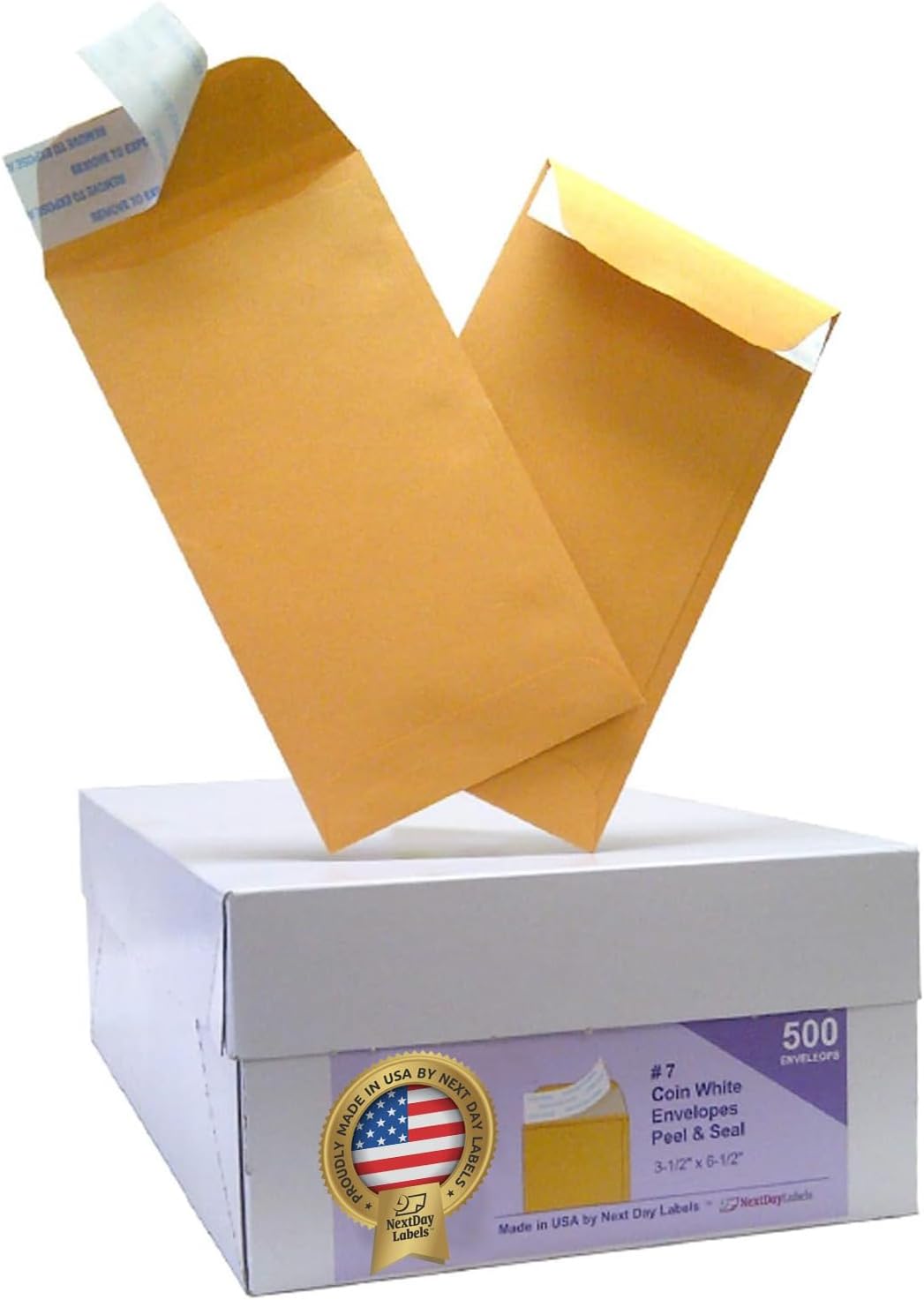 NextDay Labels #7 Coin Envelopes - 500-Pack Brown Kraft Peel & Seal Money Envelopes for Cash, Coins, Jewelry, or Small Parts for Home, Office, or Business Use - Made in USA