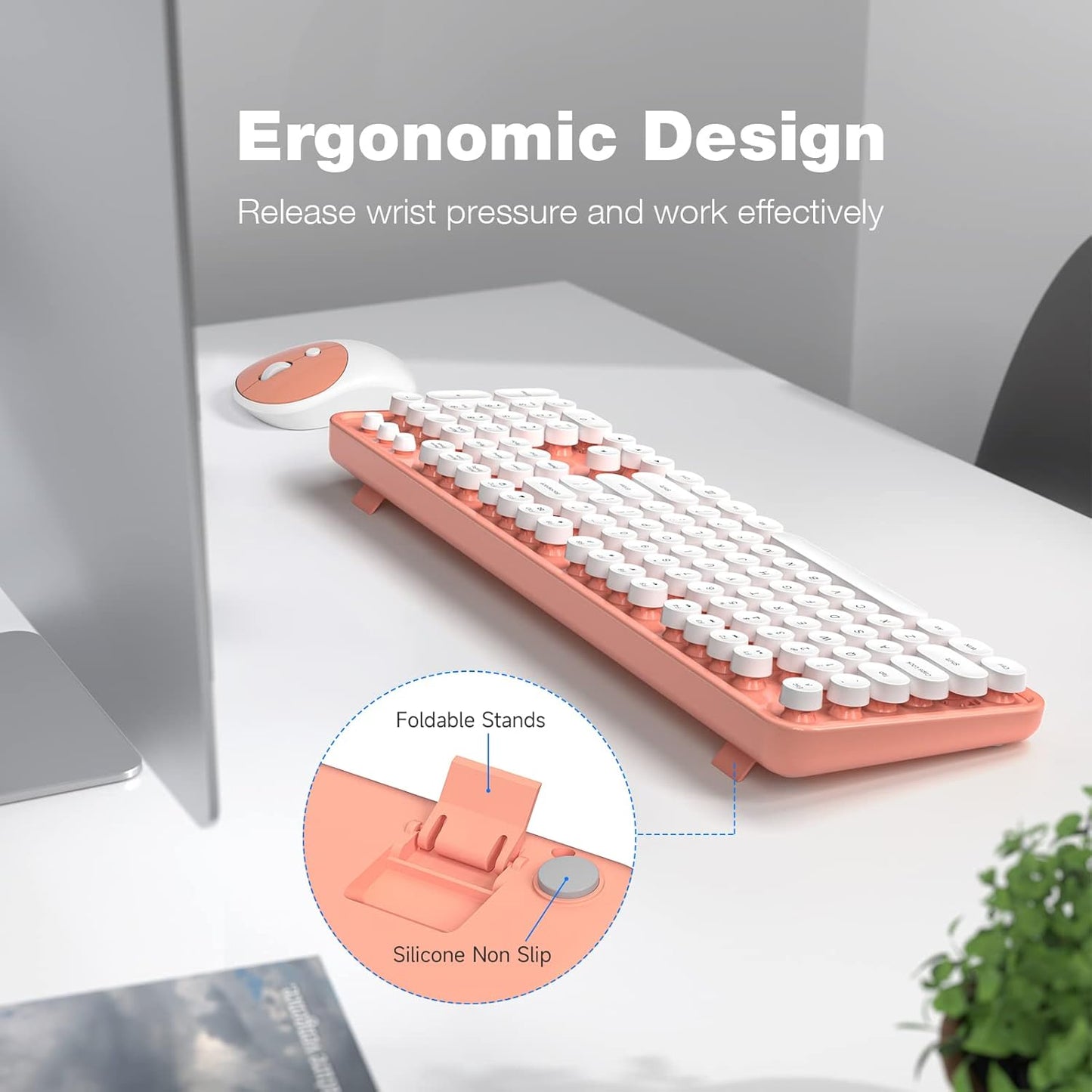 Wireless Keyboard and Mouse Combo, MOWUX Full Size Typewriter Retro Round Computer Keyboard, Mouse Wireless, Plug and Play, for Laptop, PC, Computer- Orange