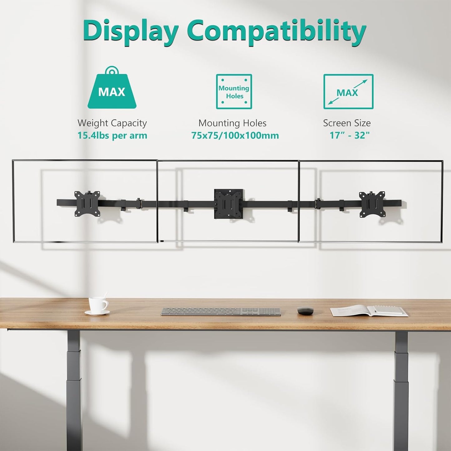 WALI Triple Monitor Wall Mount for 17 to 32 Inch, Computer Monitor Arm for 3 Screens, Swivel Tilt Wall Mount with Mounting Holes 75x75/100x100mm, Per Arm Holds Up to 15.4lbs (013ARM), Black