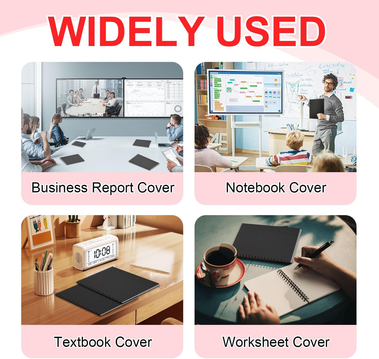 HOUYEE 100 Pack 16 Mil Poly Binding Covers,Sand Texture Binding Presentation Covers,8.5x11 Inches,Letter Size,Black,Square Corners,Un-Punched