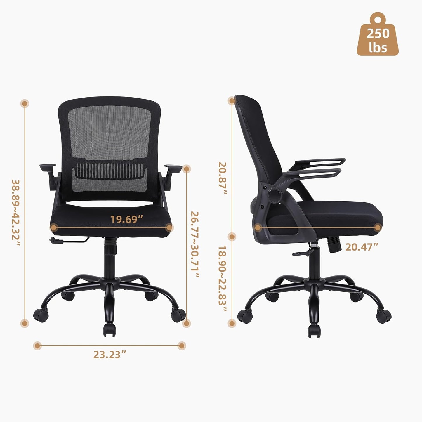 Office Chair, Ergonomic Desk Chair with Lumbar Support, Breathable Mesh Chair with Flip-up Armrests and Mid Back, Comfy Task Computer Height Adjustable Swivel Chair (8, Black)