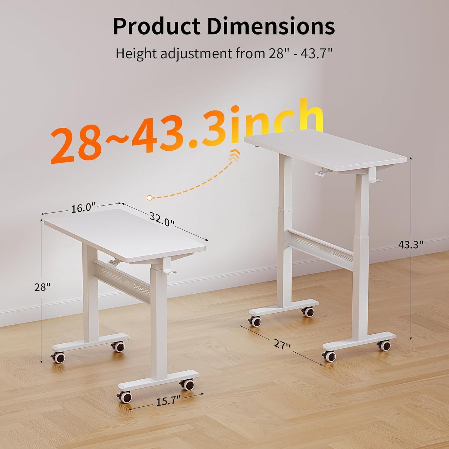 Mobile Walking Pad Desk with Wheels, Pneumatic Small Rolling Standing Desk Riser Height Adjustable (28-43.7") for Treadmill, Portable Computer Table for Home Office, White
