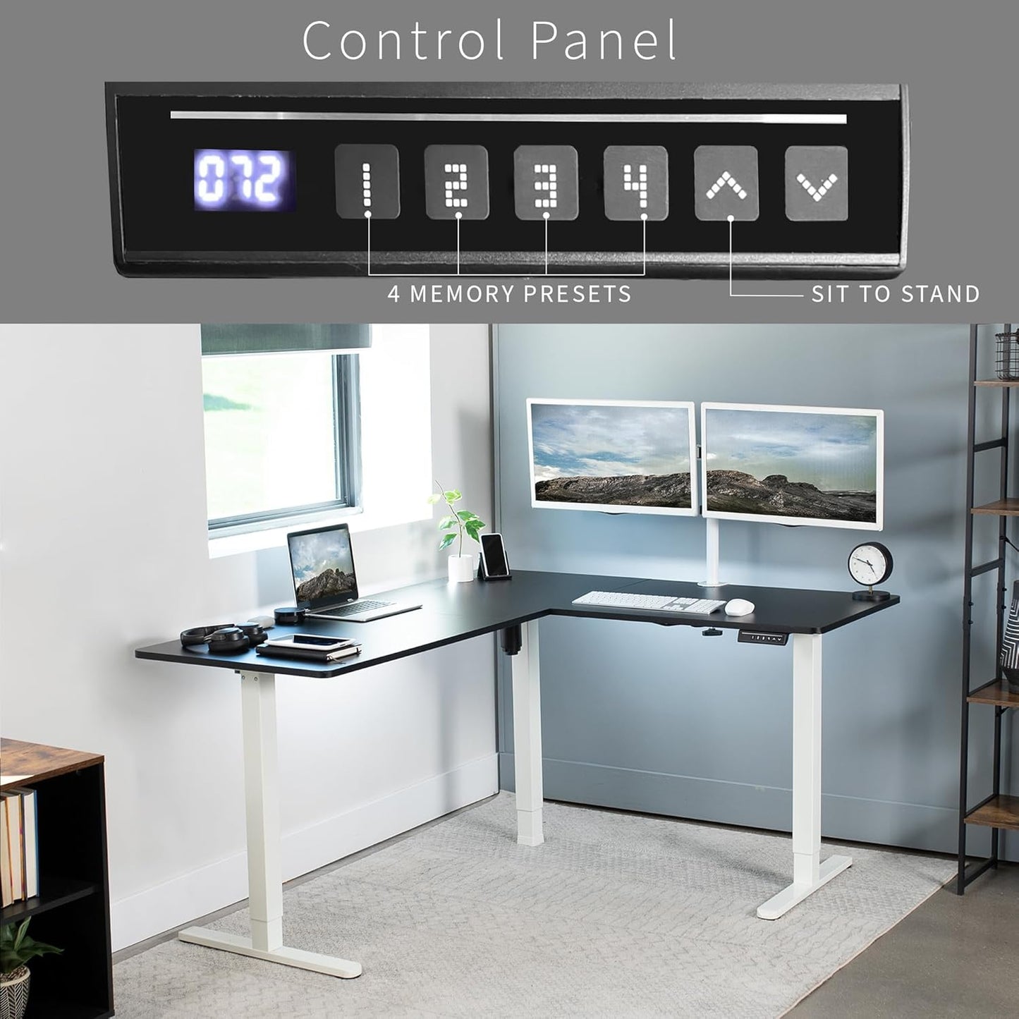 VIVO Electric Corner L-Shaped 63 x 55 in Standing Desk, Memory Height Adjustment, Black Top White Frame, DESK-E3CTWB