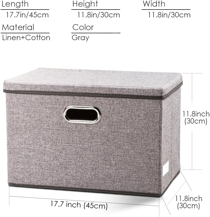 PRANDOM Large Collapsible Storage Containers with Lids [5-Pack] Linen Fabric Foldable Storage Bins Boxes Organizer Baskets Cube with Cover for Home Bedroom Closet Office Nursery (17.7x11.8x11.8)